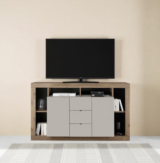 A modern TV stand media console with a light gray front and natural wood sides, holding a black flat-screen TV, styled against a beige wall and light rug.