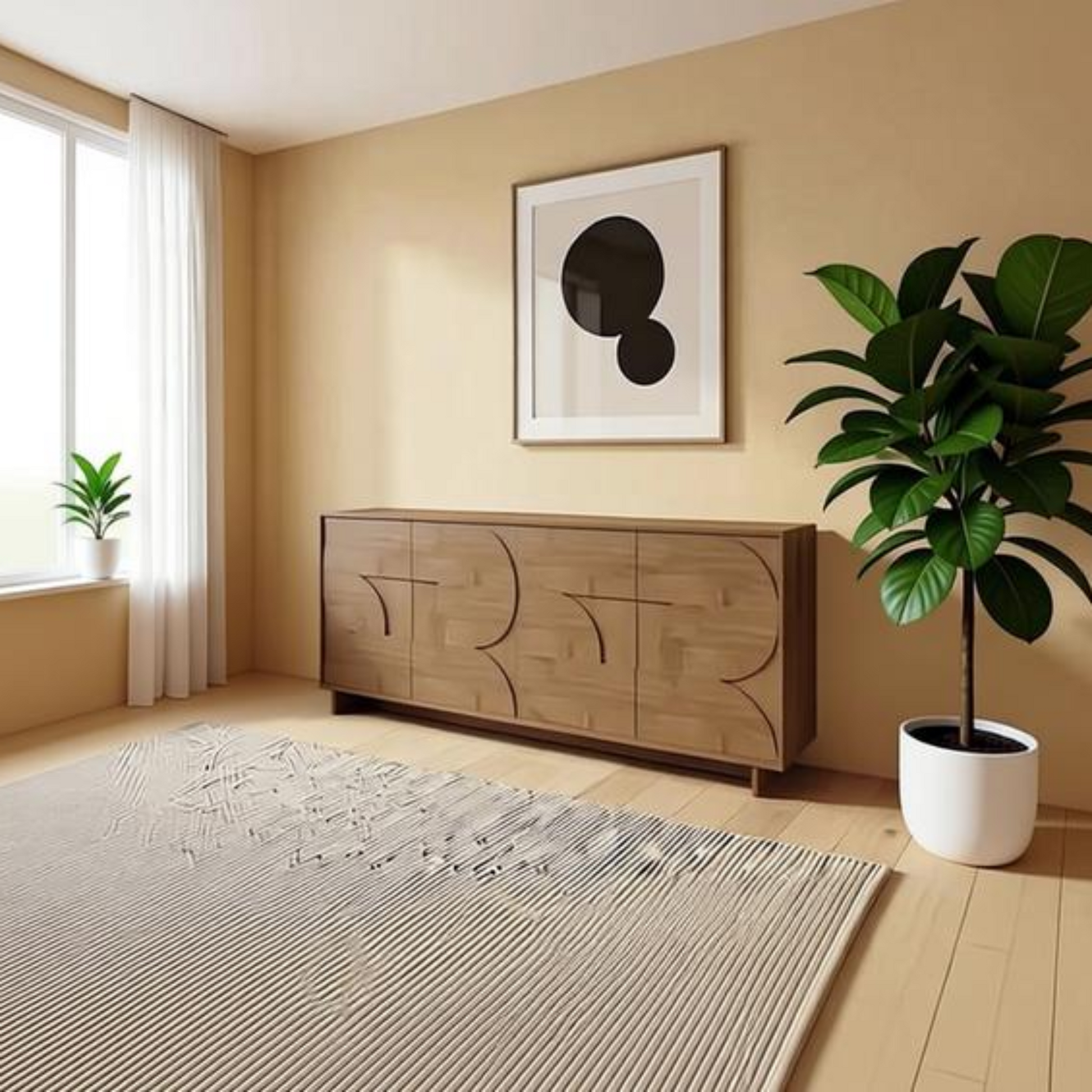 A modern living room corner featuring a light wood sideboard with abstract curved line details, a large potted fiddle-leaf fig plant, a striped area rug, and a window with sheer curtains.