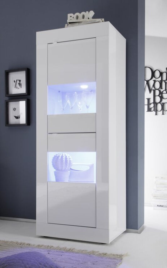 Urbino Display Cabinet, Two Glass Doors, Optional LED Spotlight  - White Gloss Finish