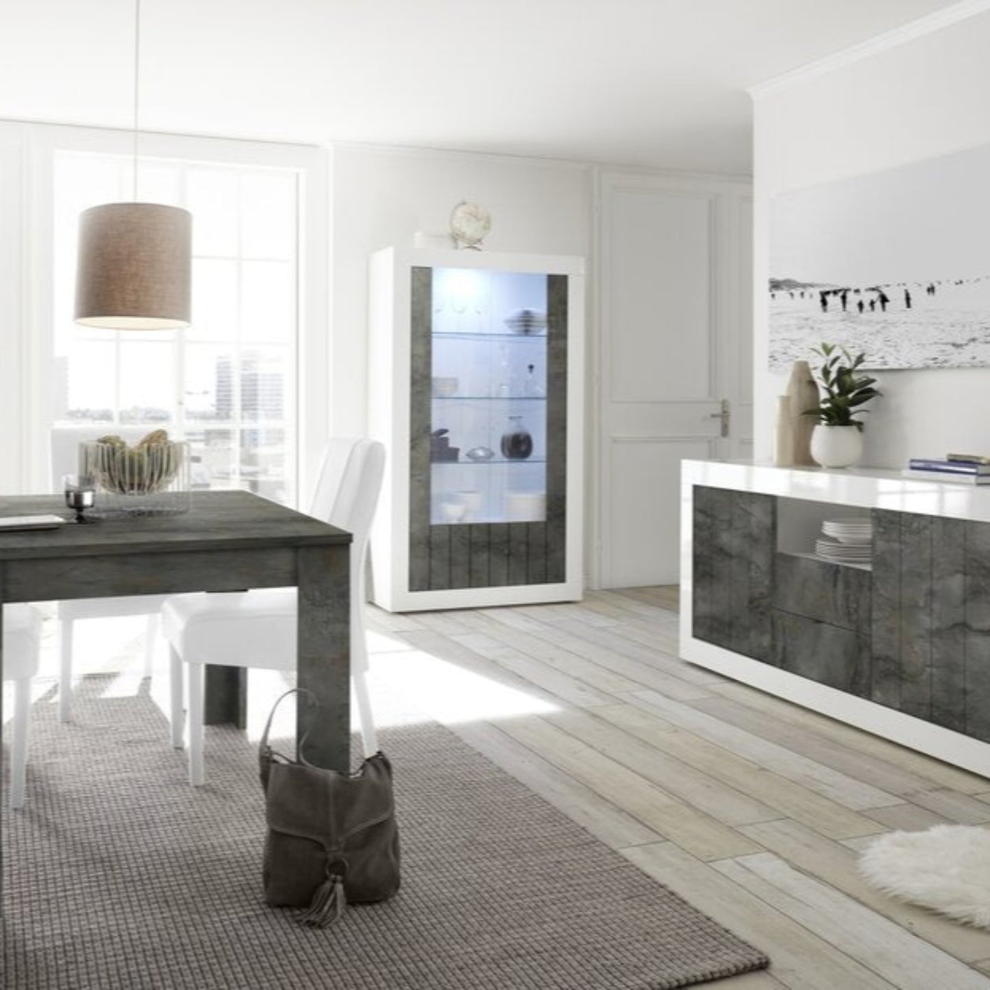 Como Display Cabinet, Two Glass Doors, Optional LED Spotlight  -  White Gloss and Anthracite Finish