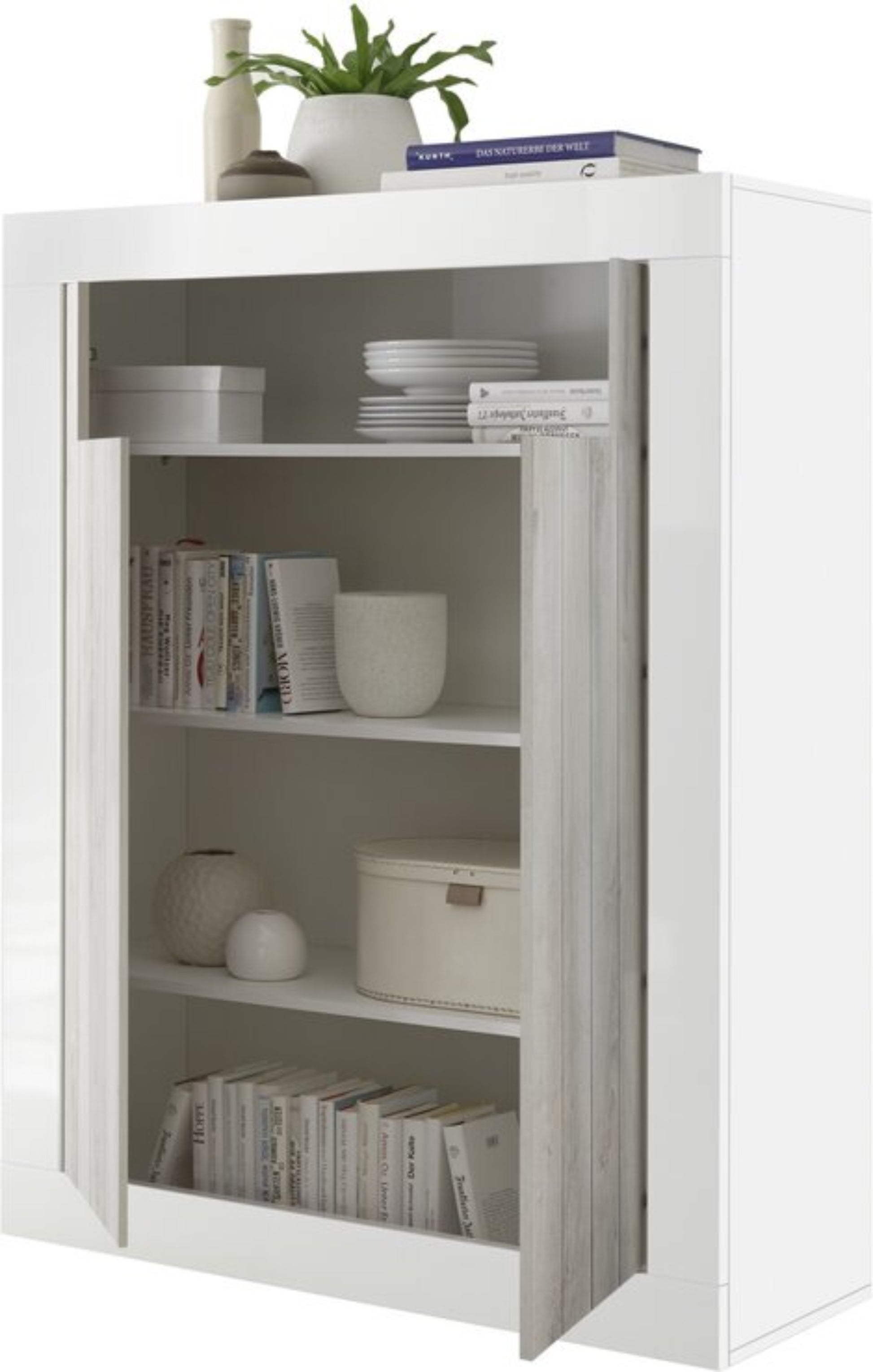White storage cabinet with shelves containing books, bowls, and a plant on a white background