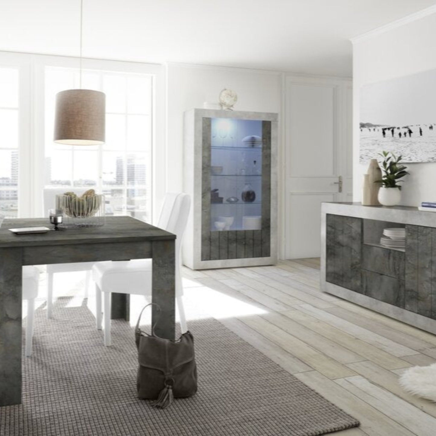 Como Display Cabinet, Two Doors, Optional LED Spotlight - Grey and Anthracite Finish