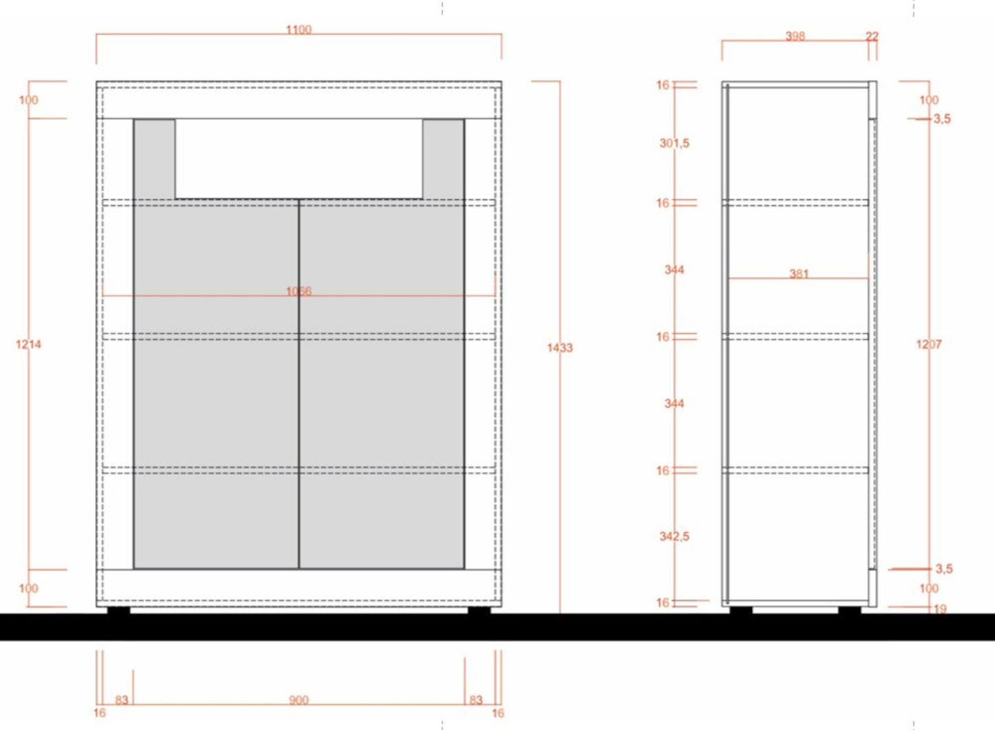 Technical drawing of a storage unit with dimensions