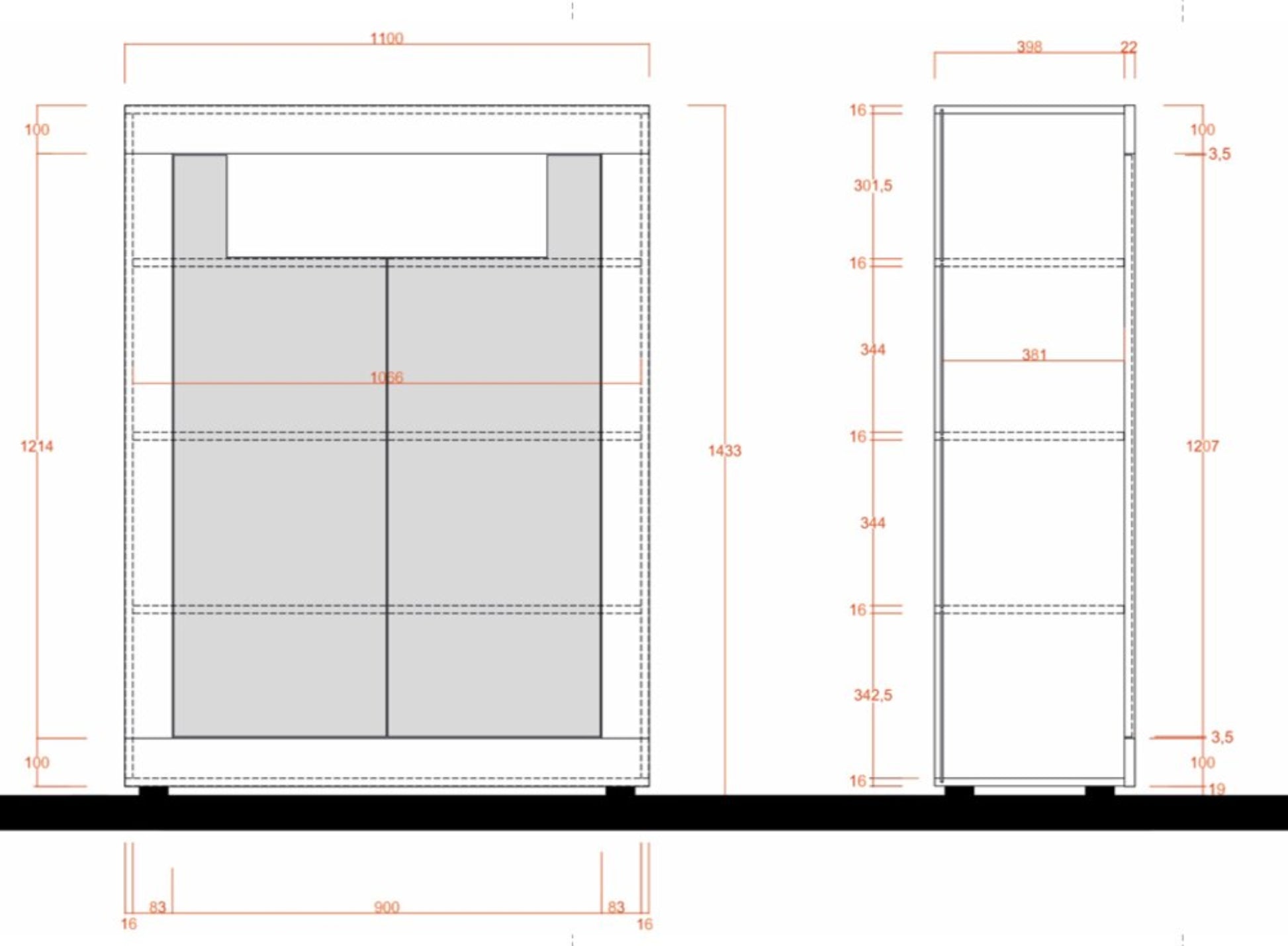 Technical drawing of a storage unit with dimensions