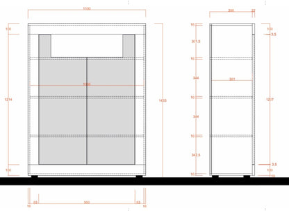 Technical drawing of a storage unit with dimensions