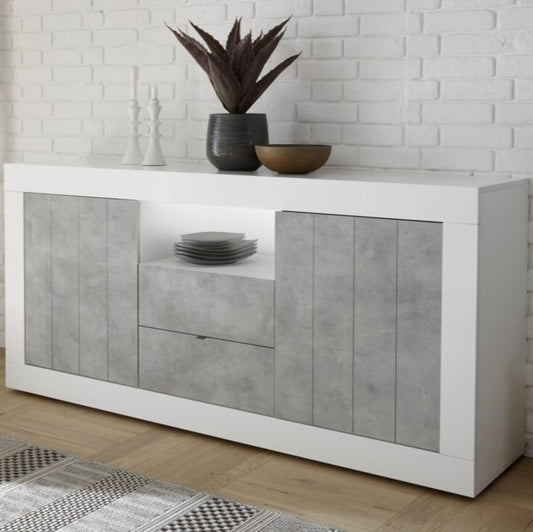 Como Sideboard, Two Door, Two Drawer, AV Storage - Gloss White and Grey Finish
