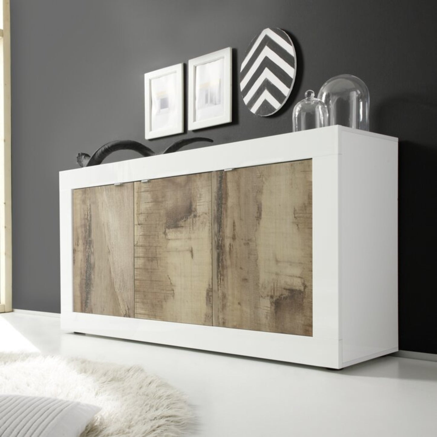 Urbino Three Door Sideboard - Gloss White and Natural Finish
