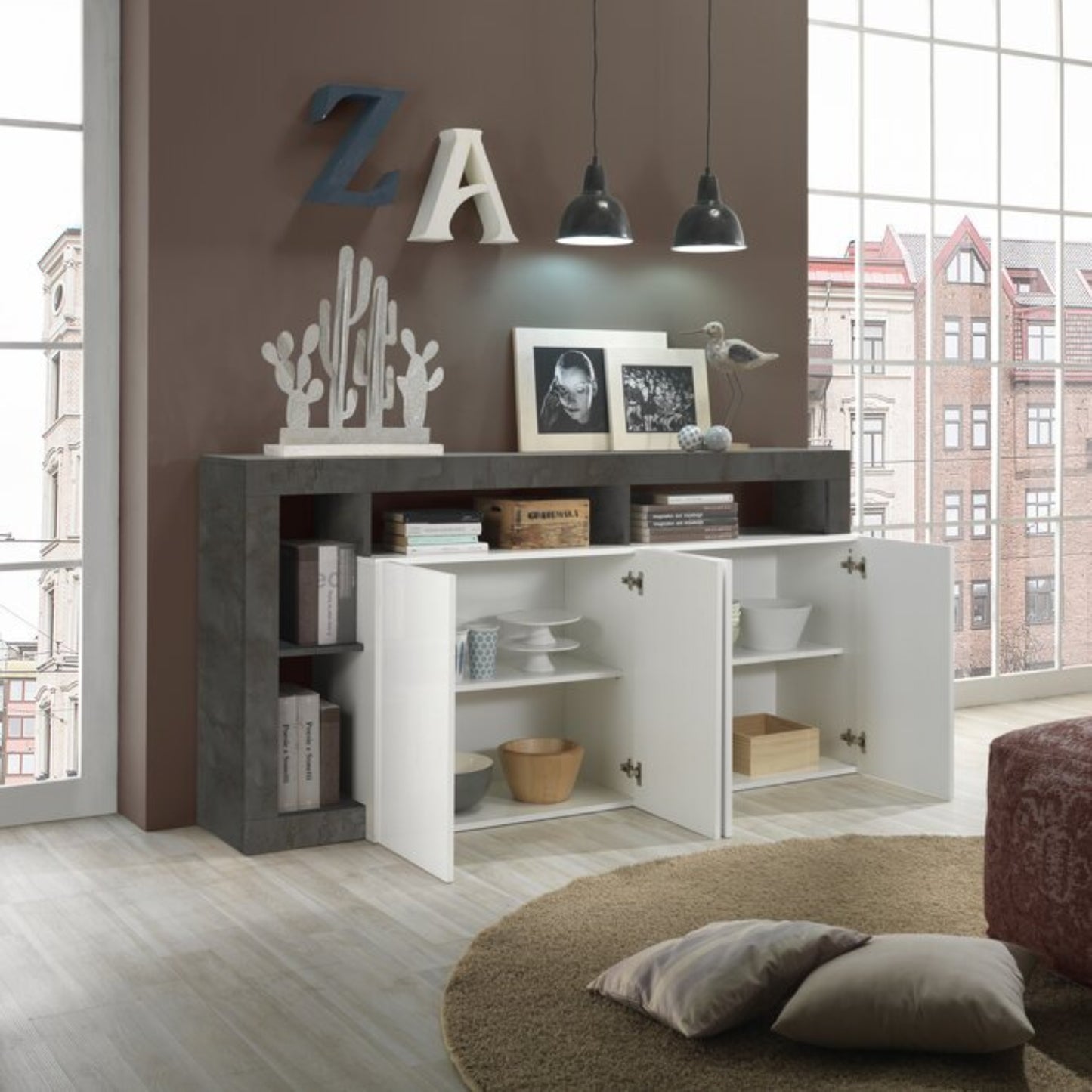 Florence Sideboard, Four Doors - Anthracite and White Finish