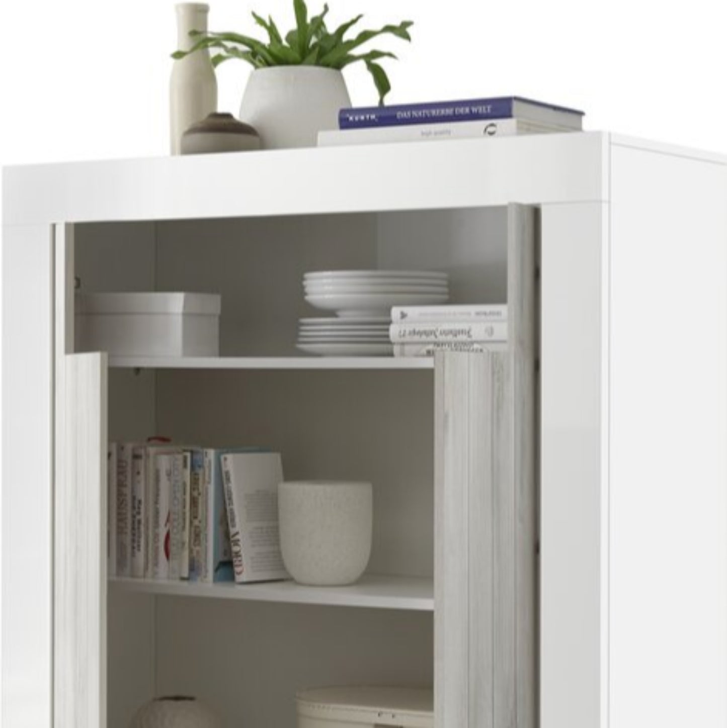 Como High Sideboard, Two Doors, AV Storage - Gloss White and Grey Finish