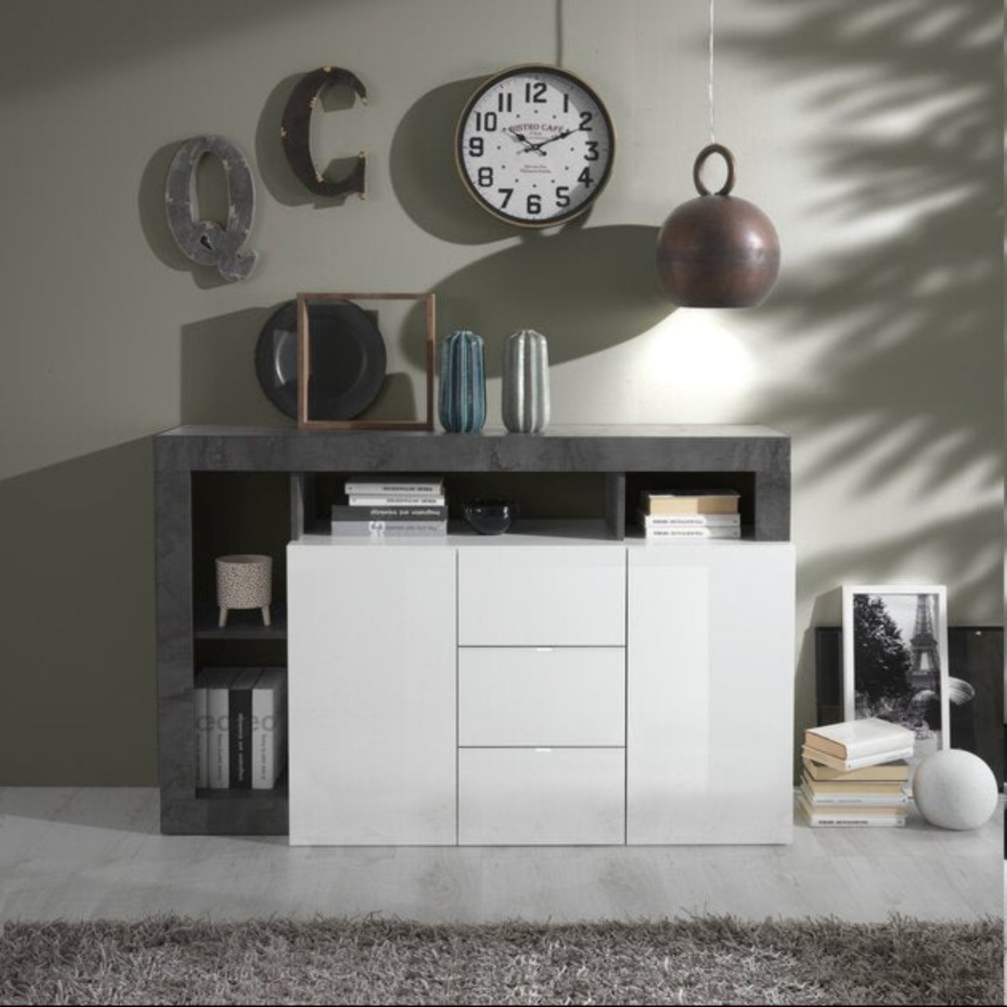 Florence Sideboard, Two Door. Three Drawer - Anthracite and White Finish