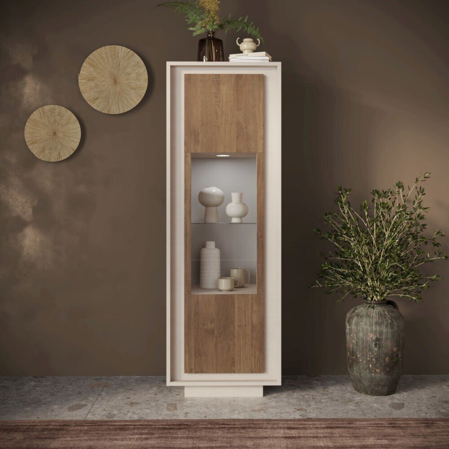 Luna One Door Display Vitrine - Cashmere Taupe and Mercure Oak Finish