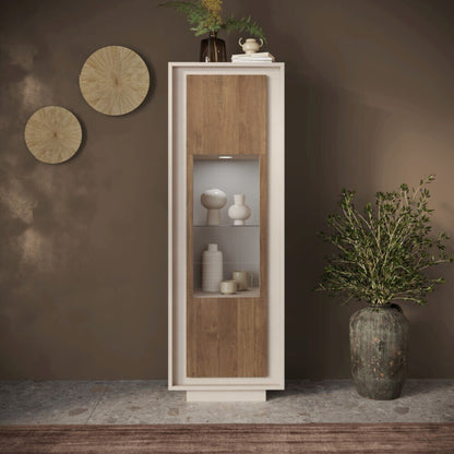 Luna One Door Display Vitrine - Cashmere Taupe and Mercure Oak Finish