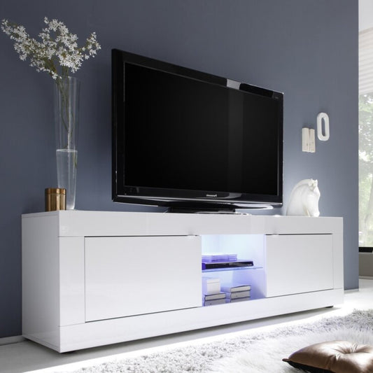 Bologna TV Stand, Two Door, AV Space, Optional Spotlight  - Gloss White Finish